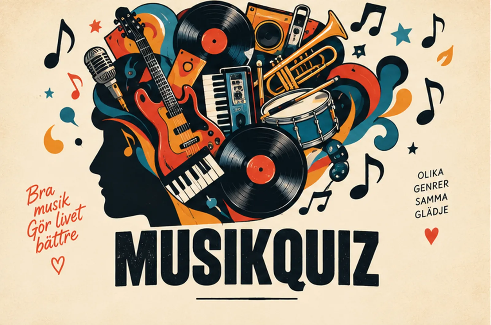 Tecknad illustration av ett huvud i profil, fyllt av gitarr, vinylskivor, trumpet och noter, ovanför ordet “Musikquiz”