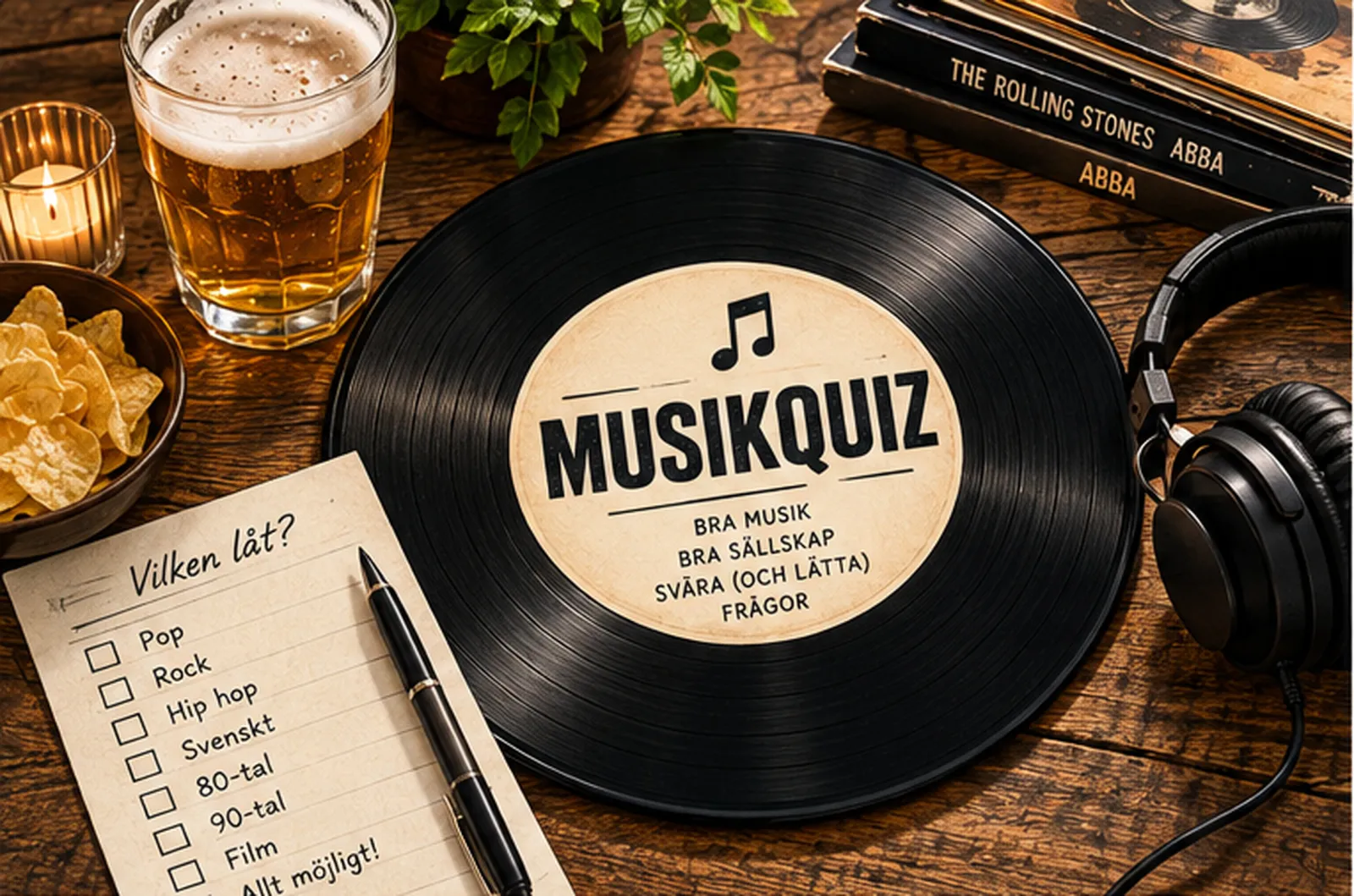 AI-genererad bild av en vinylskiva med texten “Musikquiz” på ett träbord bredvid ett ölglas, chips, hörlurar och en lapp med musikgenrer att kryssa i