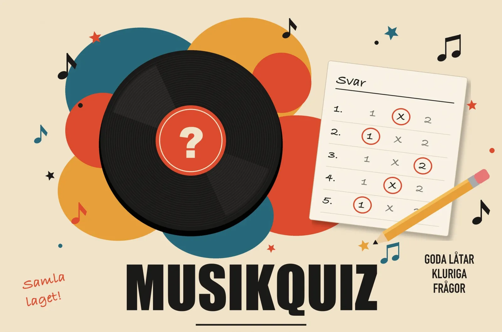 Tecknad illustration av en vinylskiva med ett frågetecken på etiketten och ett svarskort där 1, X och 2 är inringade ovanför ordet “Musikquiz”